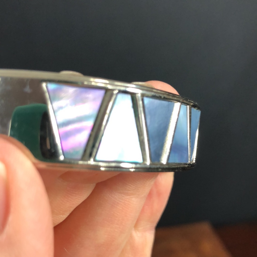Contemporary Silver Hinged Bangle With Iridescent… - image 5